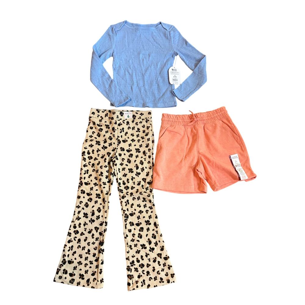 Girls Small 6/7 - 3pc Casual Lot NWT 2 Flare Leggings, Shorts, long sleeve tee‎